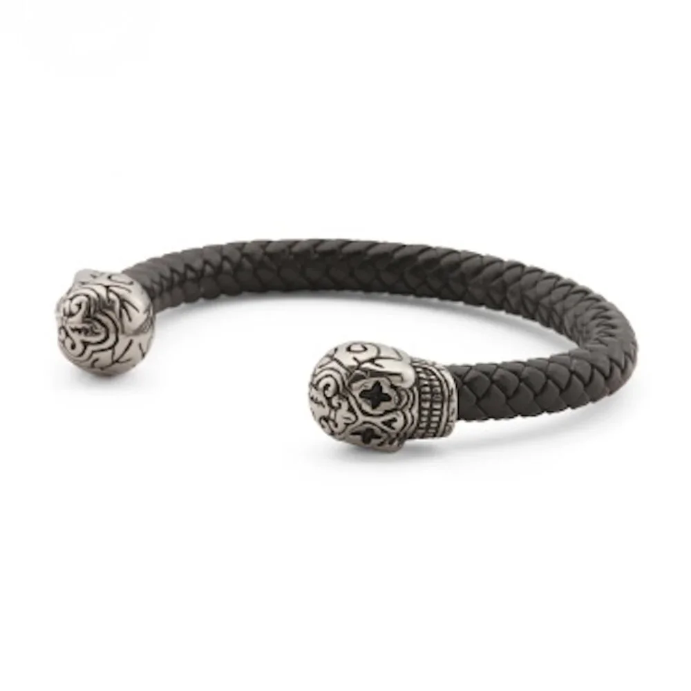 Blackjack Day Of The Dead Skull Leather & Steel Cuff Bracelet